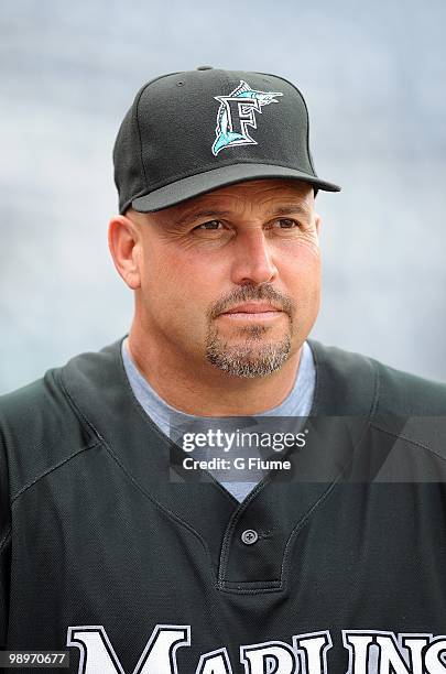 Manager Fredi Gonzalez of the Florida Marlins watches batting practice before the game against the Washington Nationals at Nationals Park on May 7,...