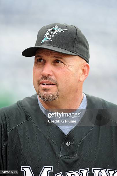 Manager Fredi Gonzalez of the Florida Marlins watches batting practice before the game against the Washington Nationals at Nationals Park on May 7,...