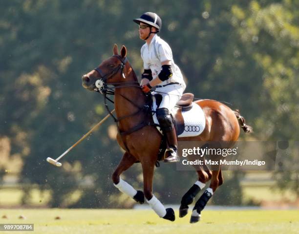 Prince Harry, Duke of Sussex takes part in the Audi Polo Challenge at Coworth Park Polo Club on June 30, 2018 in Ascot, England.