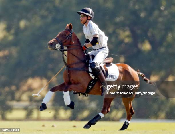 Prince Harry, Duke of Sussex takes part in the Audi Polo Challenge at Coworth Park Polo Club on June 30, 2018 in Ascot, England.