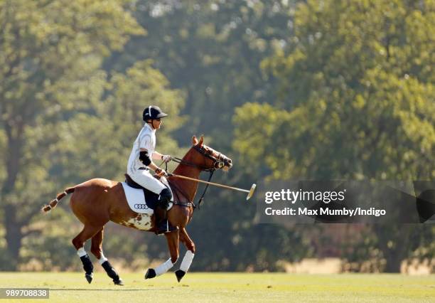 Prince Harry, Duke of Sussex takes part in the Audi Polo Challenge at Coworth Park Polo Club on June 30, 2018 in Ascot, England.