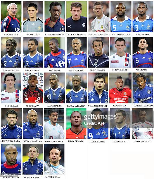Combo of pictures of the 30 French football team members preselected by coach Raymond Domenech on May 11 for the 2010 World Cup in South Africa....