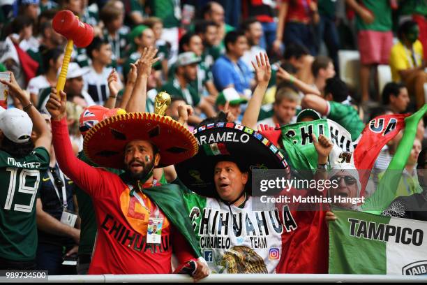 Mexico fans show their support during the 2018 FIFA World Cup Russia Round of 16 match between Brazil and Mexico at Samara Arena on July 2, 2018 in...