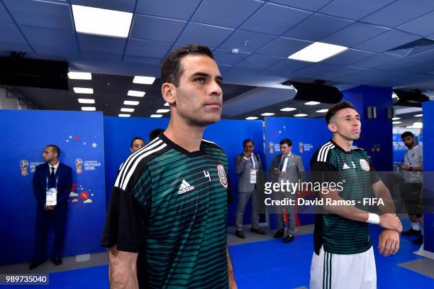 Rafael Marquez and Hector Herrera of Mexico in the tunnel prior to the 2018 FIFA World Cup Russia Round of 16 match between Brazil and Mexico at...