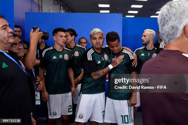 Hirving Lozano, Jesus Corona and Giovani Dos Santos of Mexico in the tunnel prior to the 2018 FIFA World Cup Russia Round of 16 match between Brazil...