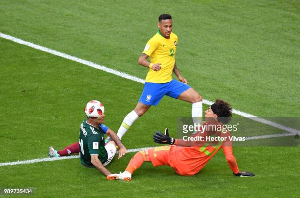 Neymar Jr of Brazil sees his effort saved by Guillermo Ochoa of Mexico during the 2018 FIFA World Cup Russia Round of 16 match between Brazil and...
