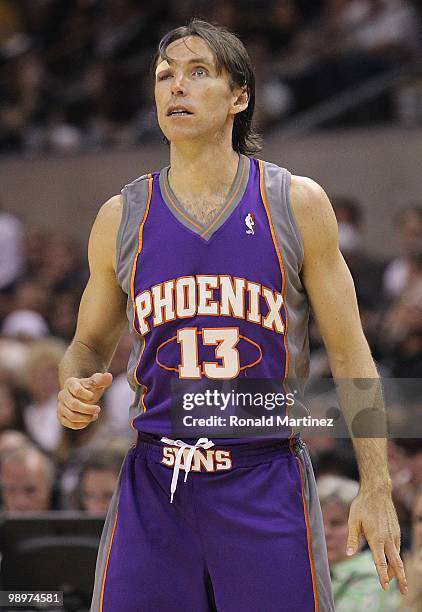 Guard Steve Nash of the Phoenix Suns after receiving six stitches to his eye against the San Antonio Spurs in Game Four of the Western Conference...