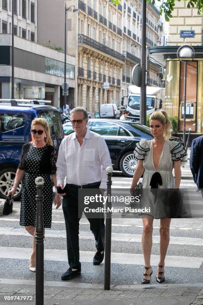 Kathy Hilton, Richard Hilton and their daughter Nicky Rotschild Hilton are seen on Avenue Montaigne on July 2, 2018 in Paris, France.