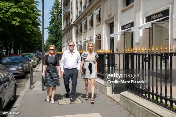 Kathy Hilton, Richard Hilton and their daughter Nicky Rotschild Hilton are seen on Avenue Montaigne on July 2, 2018 in Paris, France.