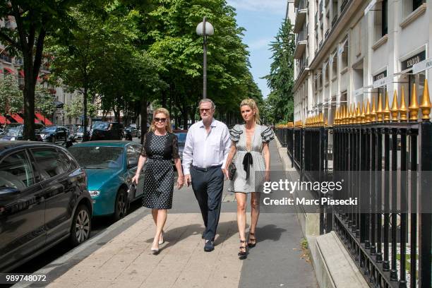 Kathy Hilton, Richard Hilton and their daughter Nicky Rotschild Hilton are seen on Avenue Montaigne on July 2, 2018 in Paris, France.