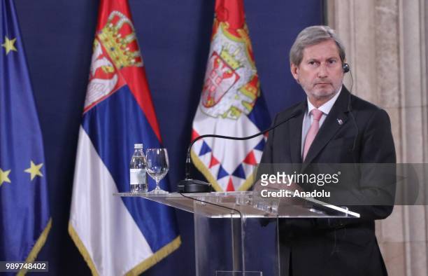 European Commissioner for European Neighbourhood Policy and Enlargement Negotiations Johannes Hahn and Serbian President Aleksandar Vucic hold a...