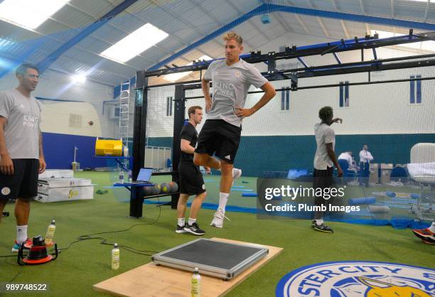 Marc Albrighton during training as Leicester City Players Return to Pre-Season Training at Belvoir Drive Training Complex on July 02 , 2018 in...