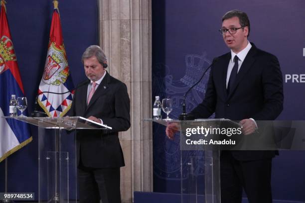 European Commissioner for European Neighbourhood Policy and Enlargement Negotiations Johannes Hahn and Serbian President Aleksandar Vucic hold a...