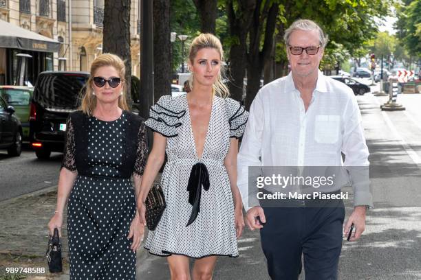 Kathy Hilton, Nicky Rotschild Hilton and Richard Hilton are seen on Avenue Montaigne on July 2, 2018 in Paris, France.