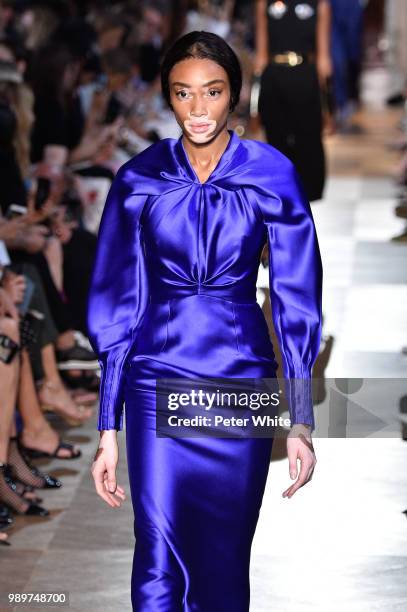 Winnie Harlow walks the runway during the Schiaparelli Haute Couture Fall Winter 2018/2019 show as part of Paris Fashion Week on July 2, 2018 in...