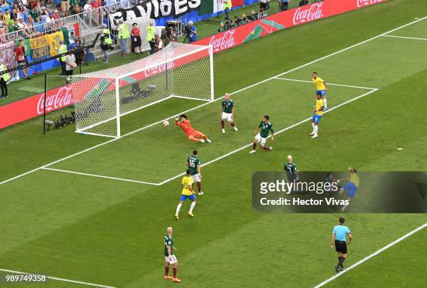Guillermo Ochoa of Mexico makes a save during the 2018 FIFA World Cup Russia Round of 16 match between Brazil and Mexico at Samara Arena on July 2,...