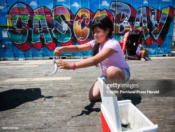 Keycie Garcia of Portland takes a mackerel off the line while fishing with her family at the Maine State Pier on Monday, June 25, 2018. The family...