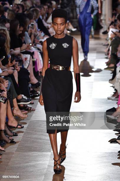 Aube Jolicoeur walks the runway during the Schiaparelli Haute Couture Fall Winter 2018/2019 show as part of Paris Fashion Week on July 2, 2018 in...
