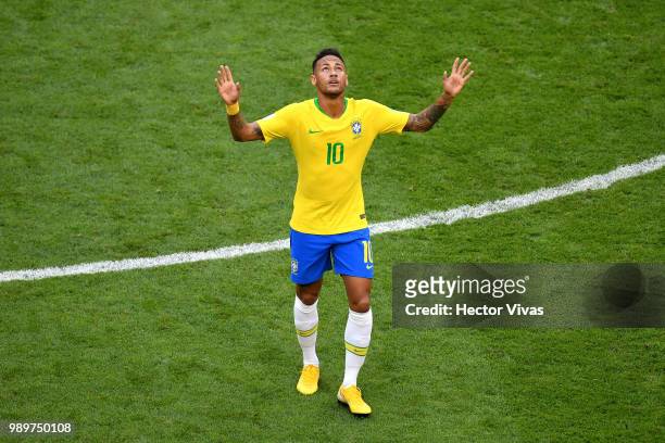 Neymar Jr of Brazil celebrates after scoring his team's first goal during the 2018 FIFA World Cup Russia Round of 16 match between Brazil and Mexico...