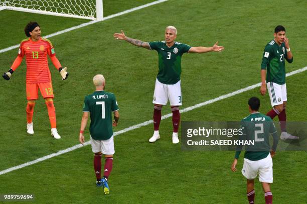 Mexico's defender Carlos Salcedo reacts during the Russia 2018 World Cup round of 16 football match between Brazil and Mexico at the Samara Arena in...