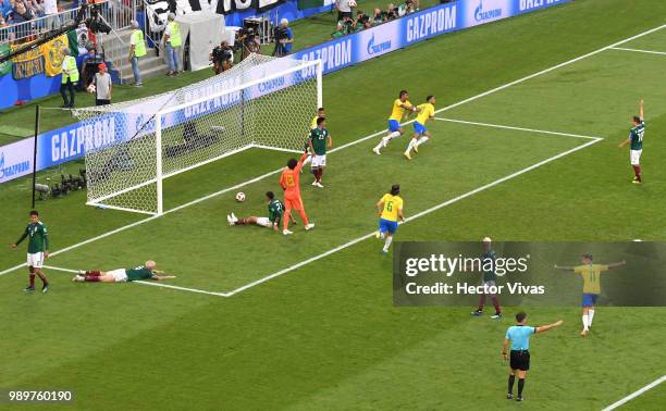 Neymar Jr of Brazil celebrates after scoring his team's first goal during the 2018 FIFA World Cup Russia Round of 16 match between Brazil and Mexico...