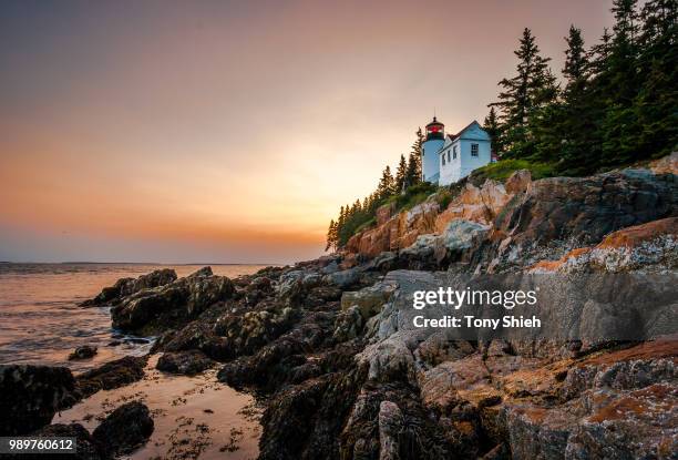 bass harbor head light lighthouse at dusk, maine, usa - maine lighthouse stock pictures, royalty-free photos & images
