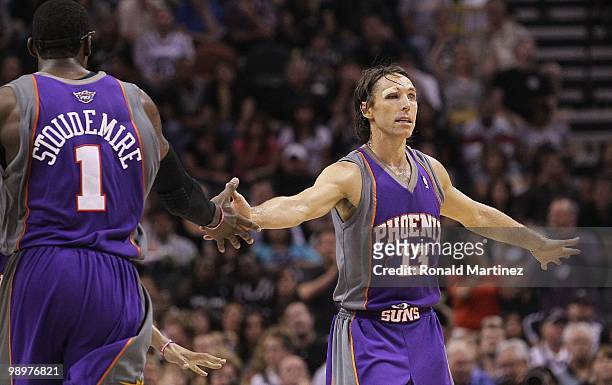 Guard Steve Nash of the Phoenix Suns after receiving six stitches to his eye against the San Antonio Spurs in Game Four of the Western Conference...