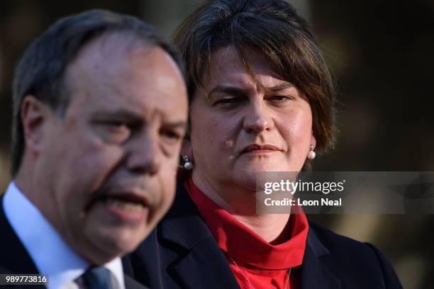 Leader of the Democratic Unionist Party Nigel Dodds and First Minister of Northern Ireland Arlene Foster speak to the media outside number 10,...