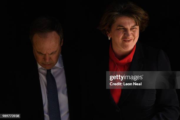 Leader of the Democratic Unionist Party Nigel Dodds and First Minister of Northern Ireland Arlene Foster leave number 10, Downing Street following a...