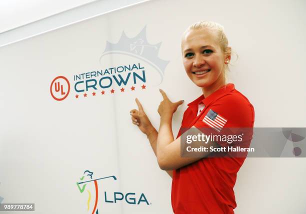 Player Jessica Korda of the United States poses on stage at the UL International Crown Press Conference on July 2, 2018 at the Underwriters...