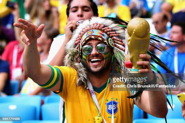 Brazil fan enjoys the atmosphere in the ground before the 2018 FIFA World Cup Russia Round of 16 match between Brazil and Mexico at Samara Arena on...