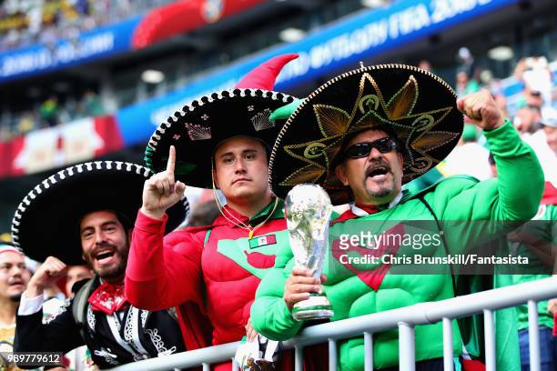 Mexico fans enjoy the atmosphere in the ground before the 2018 FIFA World Cup Russia Round of 16 match between Brazil and Mexico at Samara Arena on...