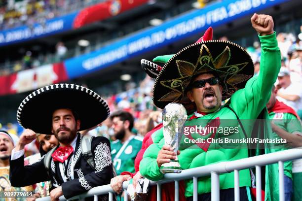 Mexico fans enjoy the atmosphere in the ground before the 2018 FIFA World Cup Russia Round of 16 match between Brazil and Mexico at Samara Arena on...