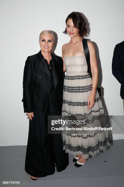 Stylist Maria Grazia Chiuri and Katie Holmes pose after the Christian Dior Haute Couture Fall Winter 2018/2019 show as part of Paris Fashion Week on...