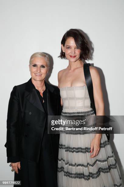 Stylist Maria Grazia Chiuri and Katie Holmes pose after the Christian Dior Haute Couture Fall Winter 2018/2019 show as part of Paris Fashion Week on...