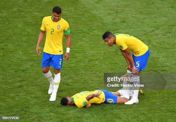 Neymar Jr of Brazil goes down injured during the 2018 FIFA World Cup Russia Round of 16 match between Brazil and Mexico at Samara Arena on July 2,...