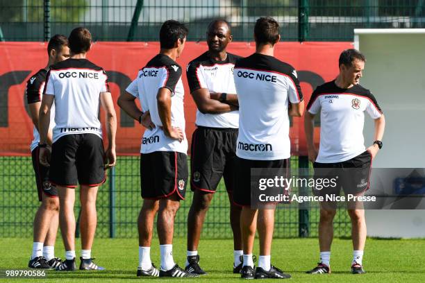 Patrick Vieira head coach of Nice and his staff during the Training Session of OGC Nice on July 2, 2018 in Nice, France.