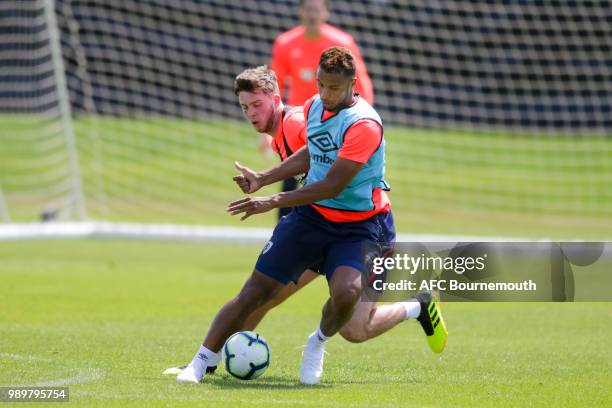 Jack Simpson and Lys Mousset of Bournemouth during a pre-season training session on July 2, 2018 in Bournemouth, England.