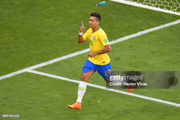 Roberto Firmino of Brazil celebrates after scoring his team's second goal during the 2018 FIFA World Cup Russia Round of 16 match between Brazil and...