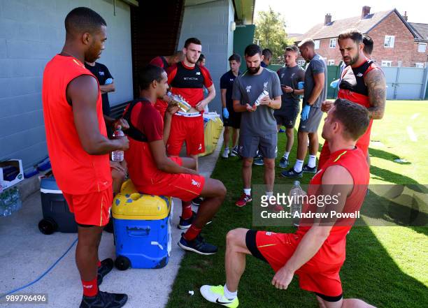 Andrew Robertson, Daniel Sturridge, Joel Matip, Danny Ward and James Milner of Liverpool during their first day back for pre-season training at...