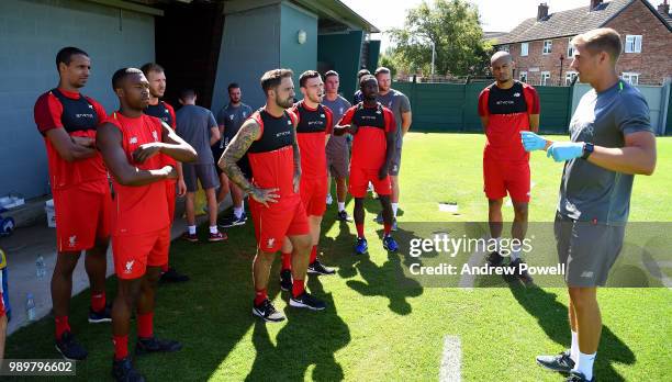 Andrew Robertson, Daniel Sturridge, Joel Matip, Danny Ward, Naby Keita and Fabinho of Liverpool during their first day back for pre-season training...