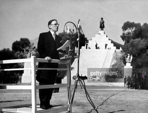 French Justice minister Cesar Campinchi delivers a speech during the inauguration of the Napoleon Bonaparte statue in Ajaccio in August 1938.