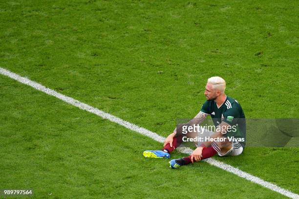 Carlos Salcedo of Mexico looks dejected following the 2018 FIFA World Cup Russia Round of 16 match between Brazil and Mexico at Samara Arena on July...