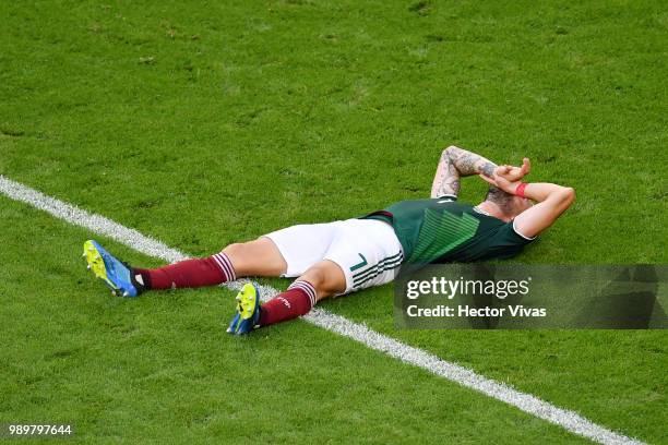 Miguel Layun of Mexico shows his dejection following the 2018 FIFA World Cup Russia Round of 16 match between Brazil and Mexico at Samara Arena on...