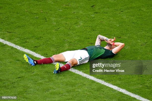 Miguel Layun of Mexico shows his dejection following the 2018 FIFA World Cup Russia Round of 16 match between Brazil and Mexico at Samara Arena on...