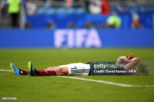 Miguel Layun of Mexico shows his dejection following the 2018 FIFA World Cup Russia Round of 16 match between Brazil and Mexico at Samara Arena on...