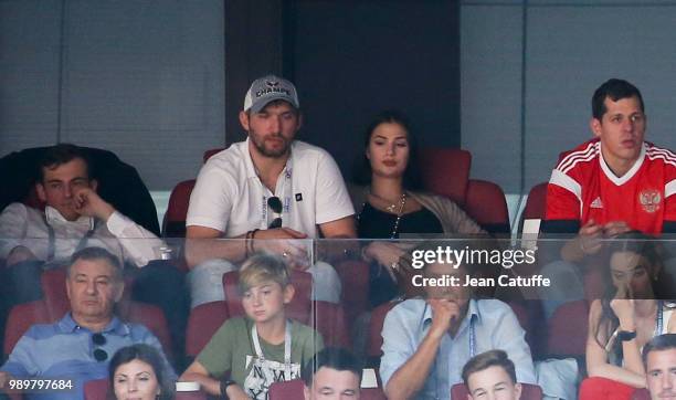 Russian ice hockey star Alexander Ovechkin and his wife Anastasia Shubskaya during the 2018 FIFA World Cup Russia Round of 16 match between Spain and...