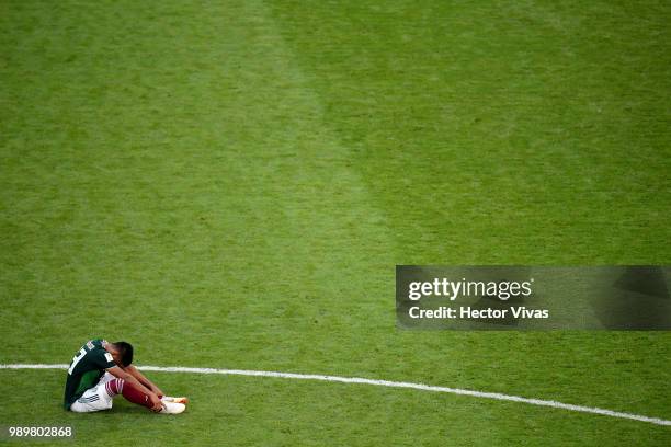 Jesus Gallardo of Mexico shows his dejection following the 2018 FIFA World Cup Russia Round of 16 match between Brazil and Mexico at Samara Arena on...