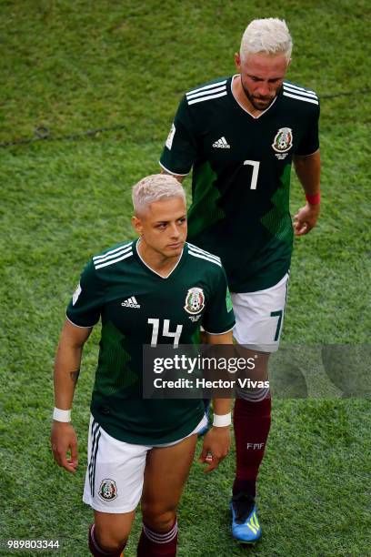 Javier Hernandez of Mexico and Miguel Layun of Mexico look dejected following their sides defeat in the 2018 FIFA World Cup Russia Round of 16 match...