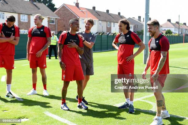 Allan Rodrigues de Souza, Danny Ward, Loris Kaius Alberto Moreno and Lazar Markovic of Liverpool during their first day back for pre-season training...